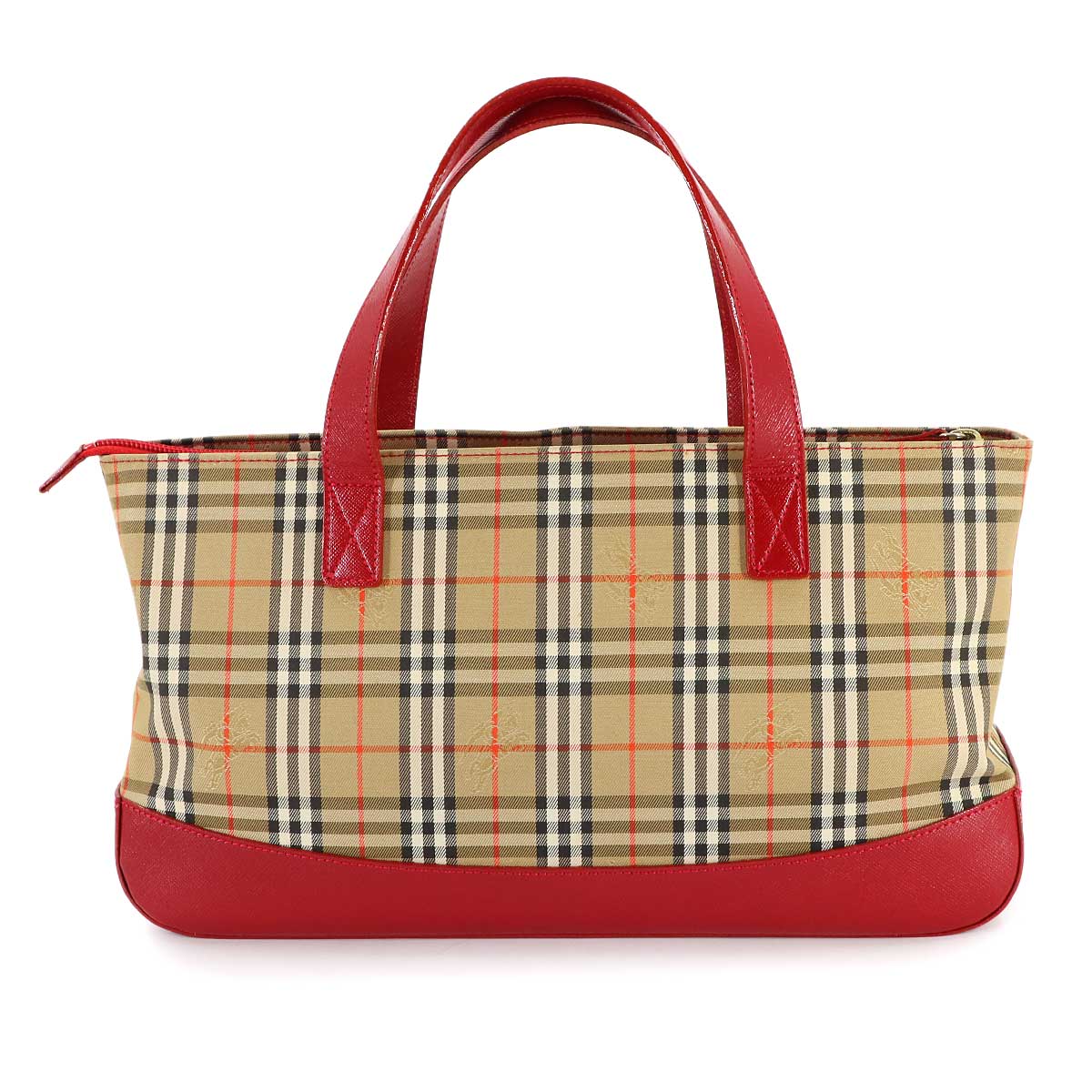 Plaid Hand Bag Canvas Leather Beige Red Purse
