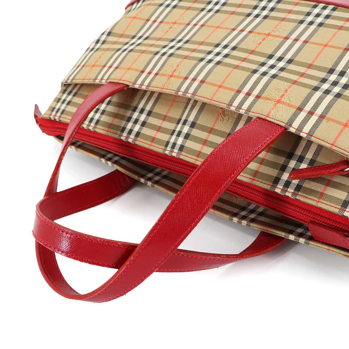 Plaid Hand Bag Canvas Leather Beige Red Purse
