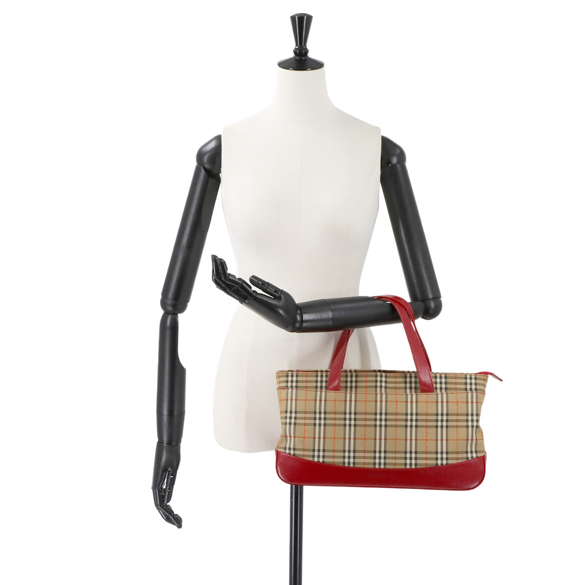 Plaid Hand Bag Canvas Leather Beige Red Purse