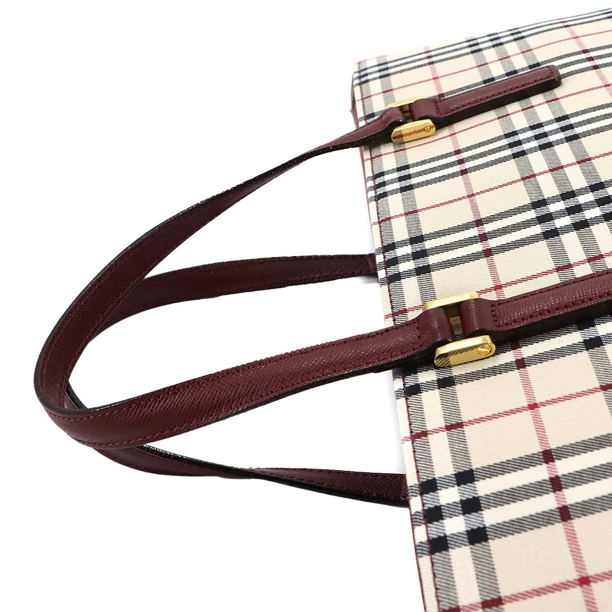 Plaid Hand Bag Canvas Leather Beige Bordeaux Purse