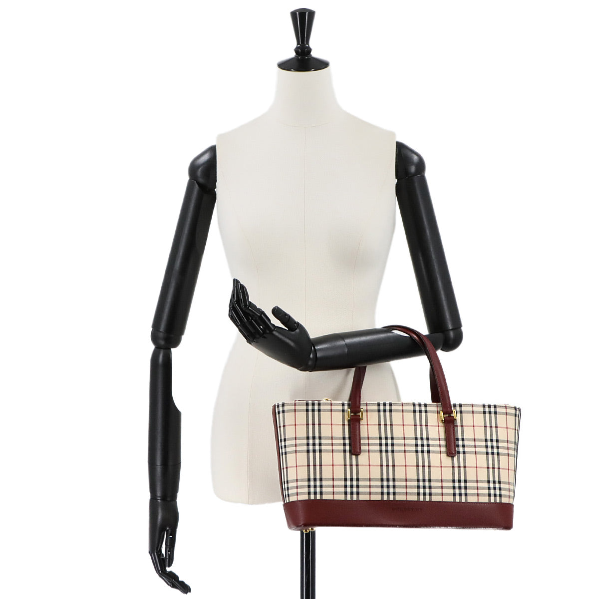 Plaid Hand Bag Canvas Leather Beige Bordeaux Purse