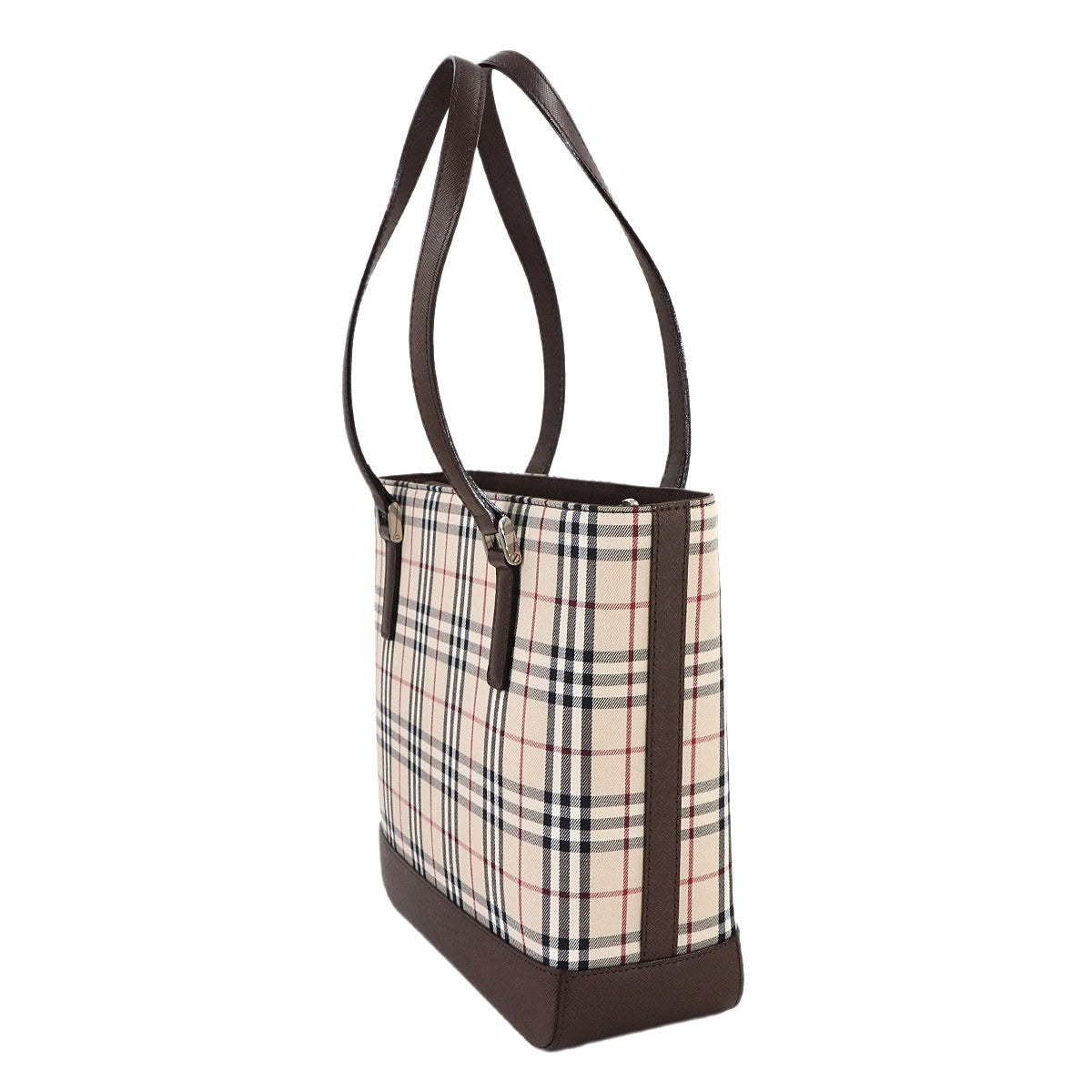 Plaid Hand Bag Canvas Leather Beige Brown Purse