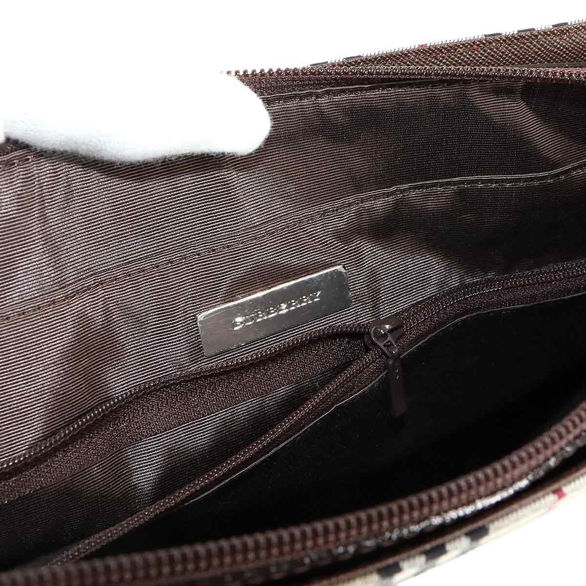 Plaid Hand Bag Canvas Leather Beige Brown Purse