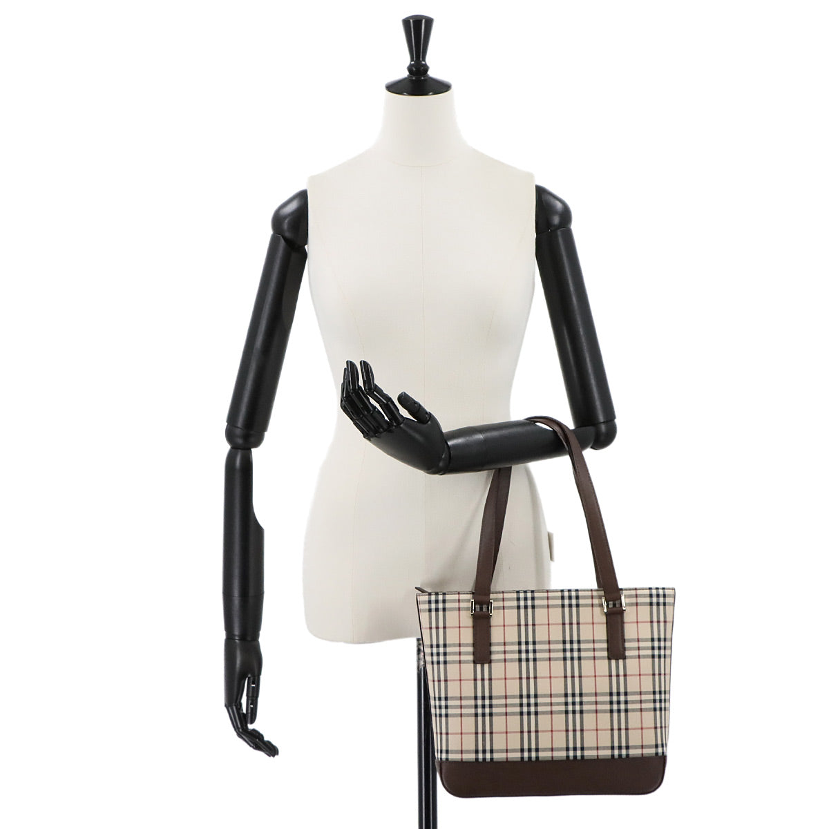 Plaid Hand Bag Canvas Leather Beige Brown Purse