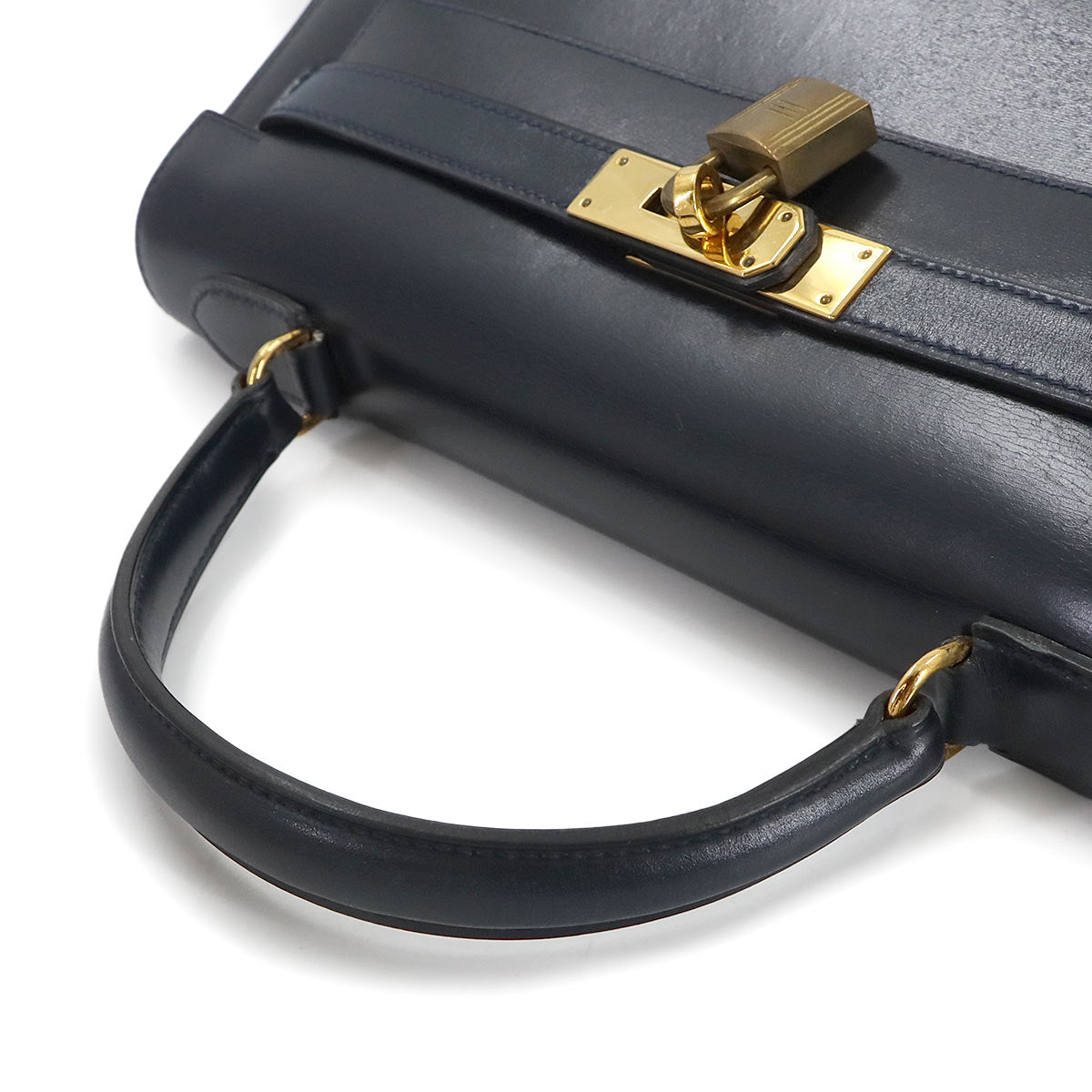 Kelly 32 Box calf Navy Hand Bag Vintage Purse