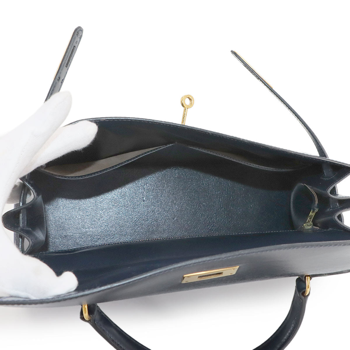 Kelly 32 Box calf Navy Hand Bag Vintage Purse