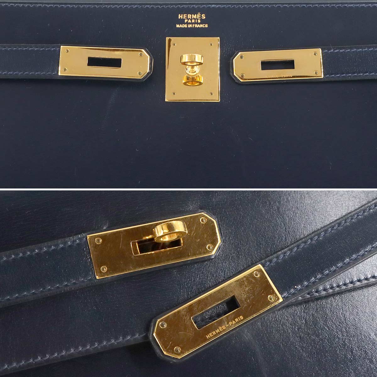 Kelly 32 Box calf Navy Hand Bag Vintage Purse