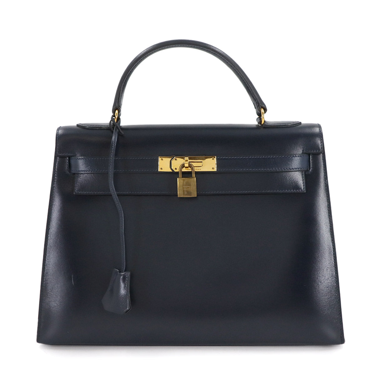 Kelly 32 Box calf Navy Hand Bag Vintage Purse