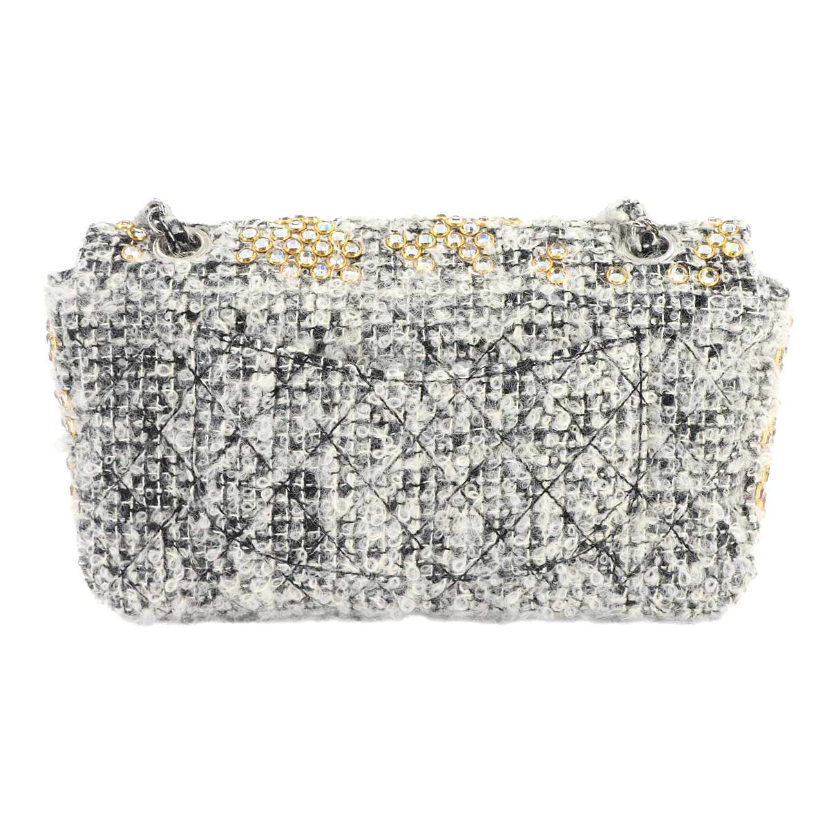 Chain Shoulder Bag Tweed Rhinestone Gray Purse