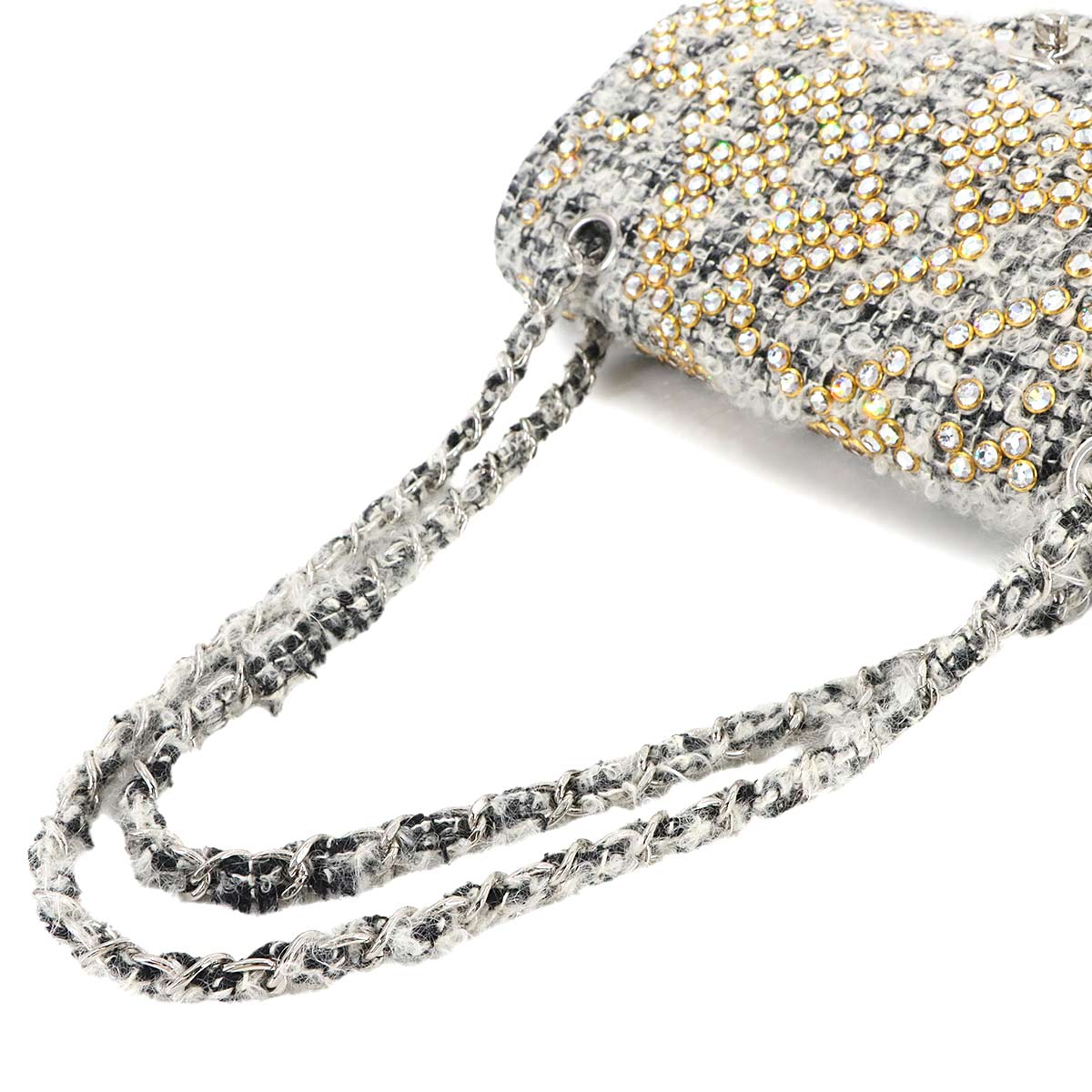 Chain Shoulder Bag Tweed Rhinestone Gray Purse