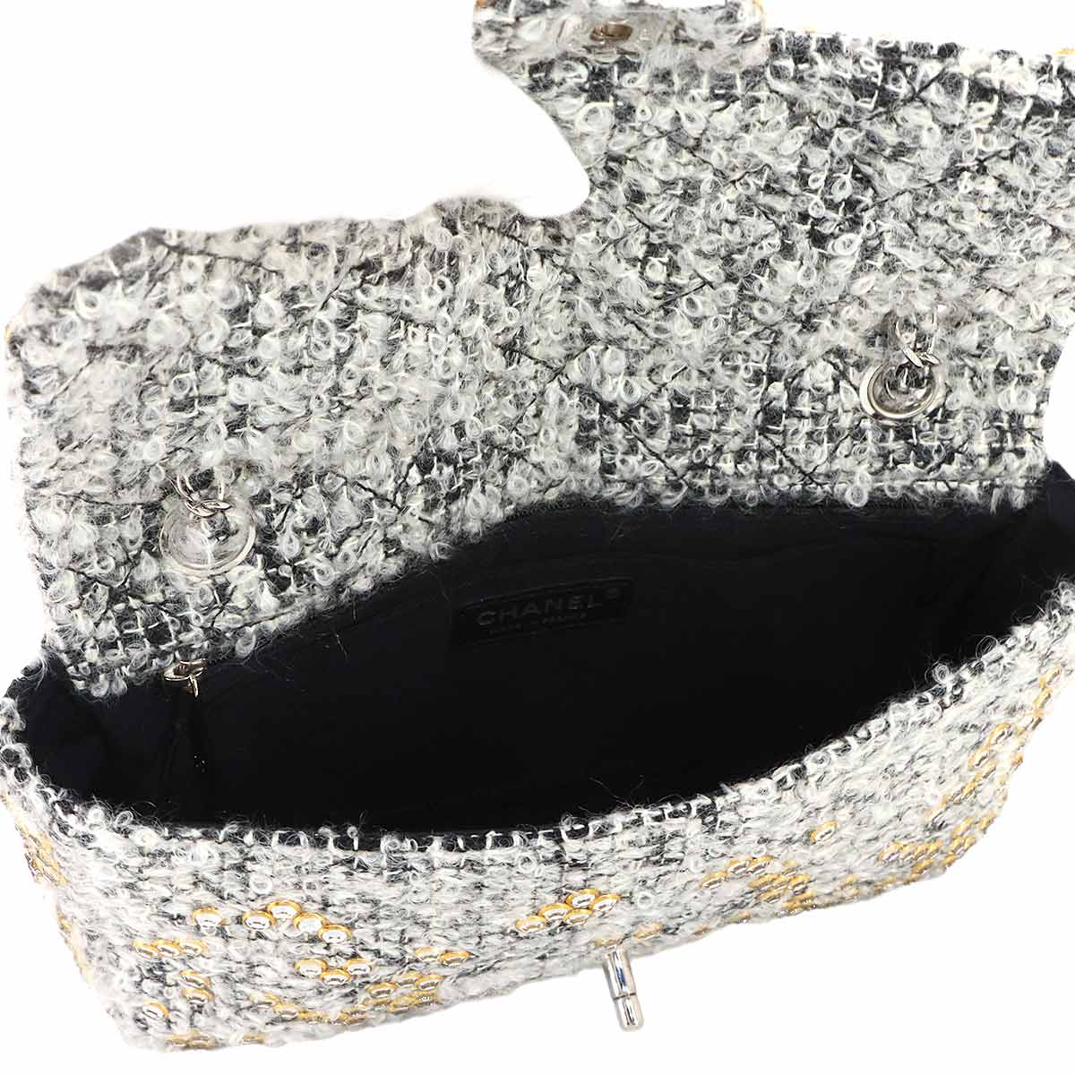 Chain Shoulder Bag Tweed Rhinestone Gray Purse