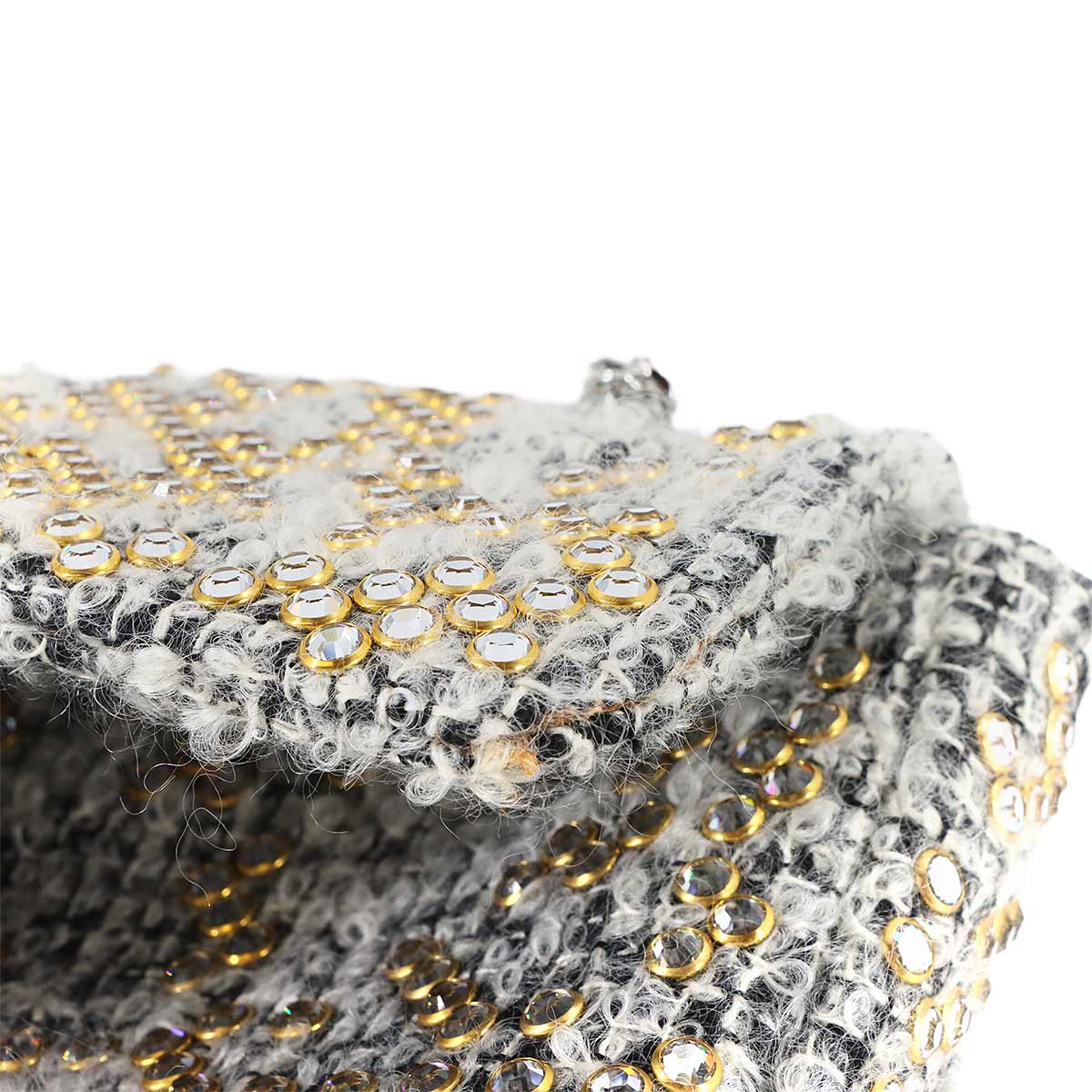 Chain Shoulder Bag Tweed Rhinestone Gray Purse