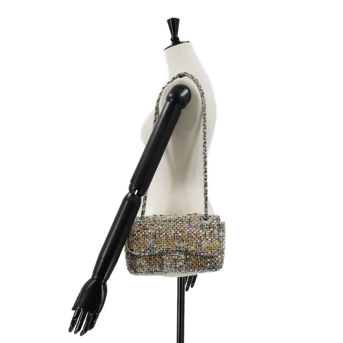 Chain Shoulder Bag Tweed Rhinestone Gray Purse