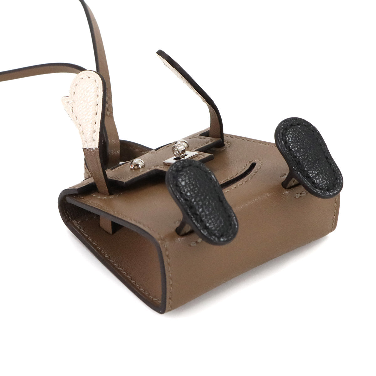 Bijoux de SAC Kelly doll Bag Charm Tadelakt Etoupe Black