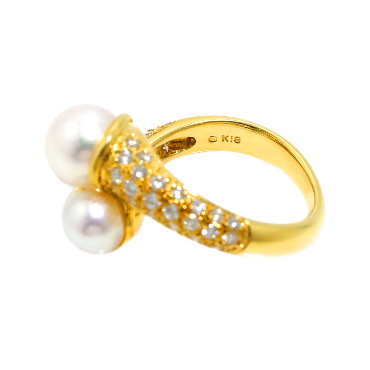Akoya Pearl 7.5-6.0mm Diamond Ring 18K YG 750 size4.75-5(US)