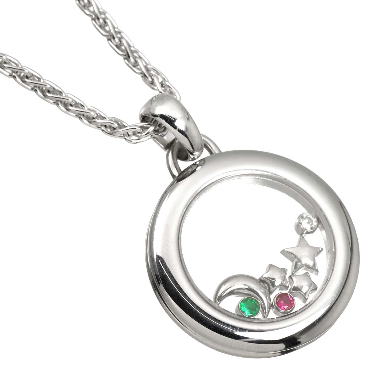 Happy Diamond Moon and Stars Ruby Emerald Necklace 18K WG 750