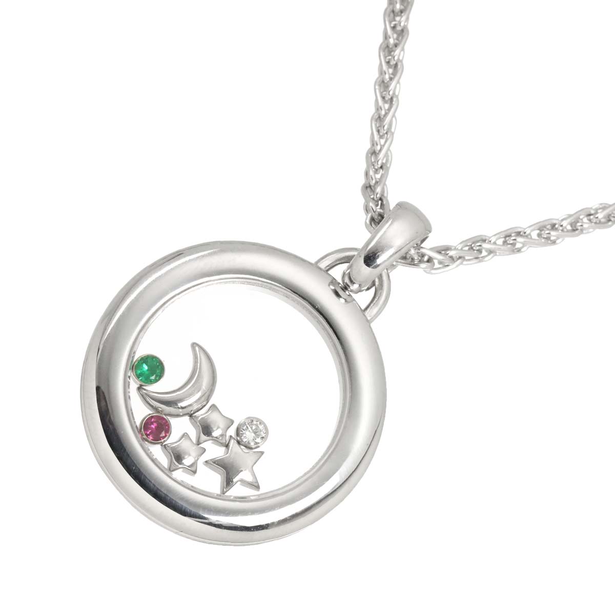 Happy Diamond Moon and Stars Ruby Emerald Necklace 18K WG 750