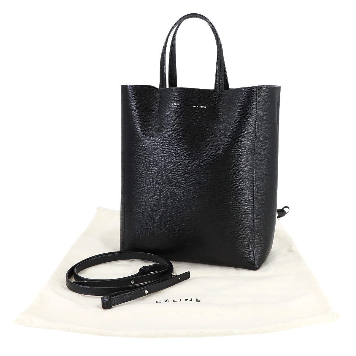 Small Vertical Cabas 2way Tote Shoulder Bag Leather Black