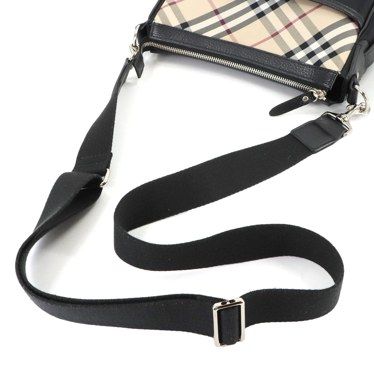 Plaid Shoulder Bag Nylon Leather Black Beige Purse