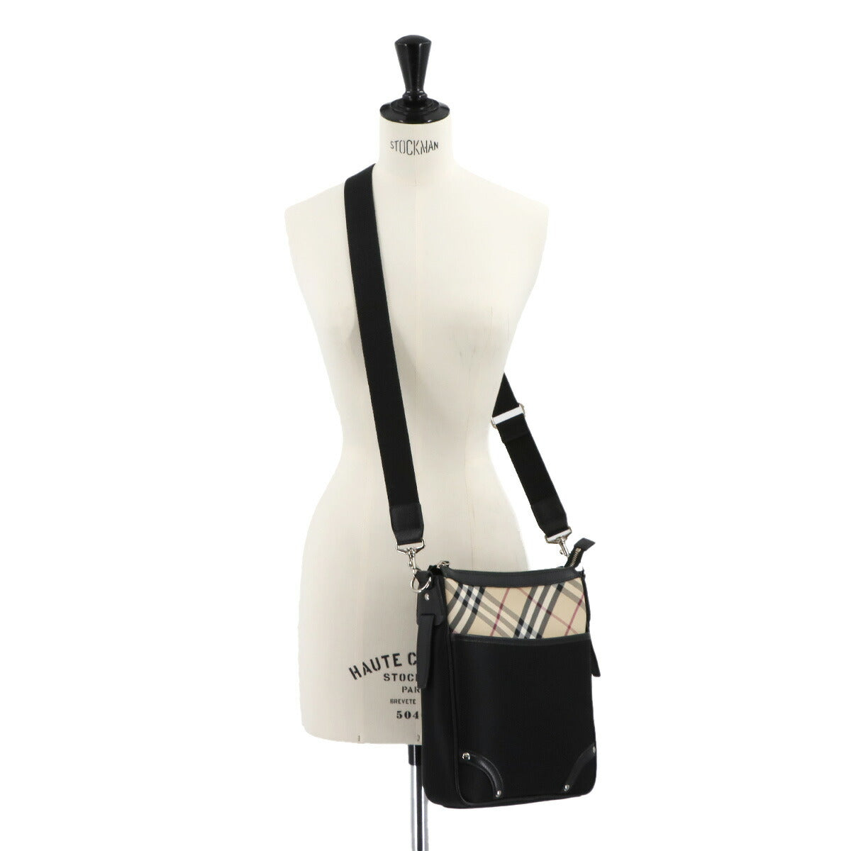 Plaid Shoulder Bag Nylon Leather Black Beige Purse