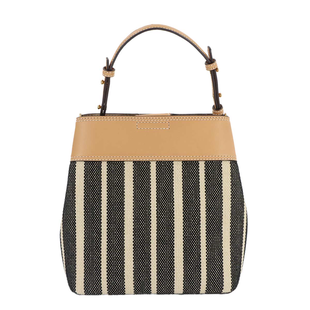 Vertical Stripes Hand Shoulder Bag Canvas Leather Beige