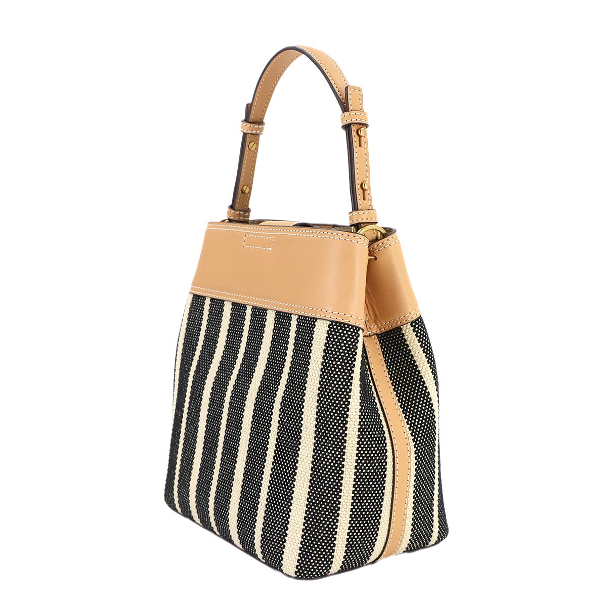 Vertical Stripes Hand Shoulder Bag Canvas Leather Beige
