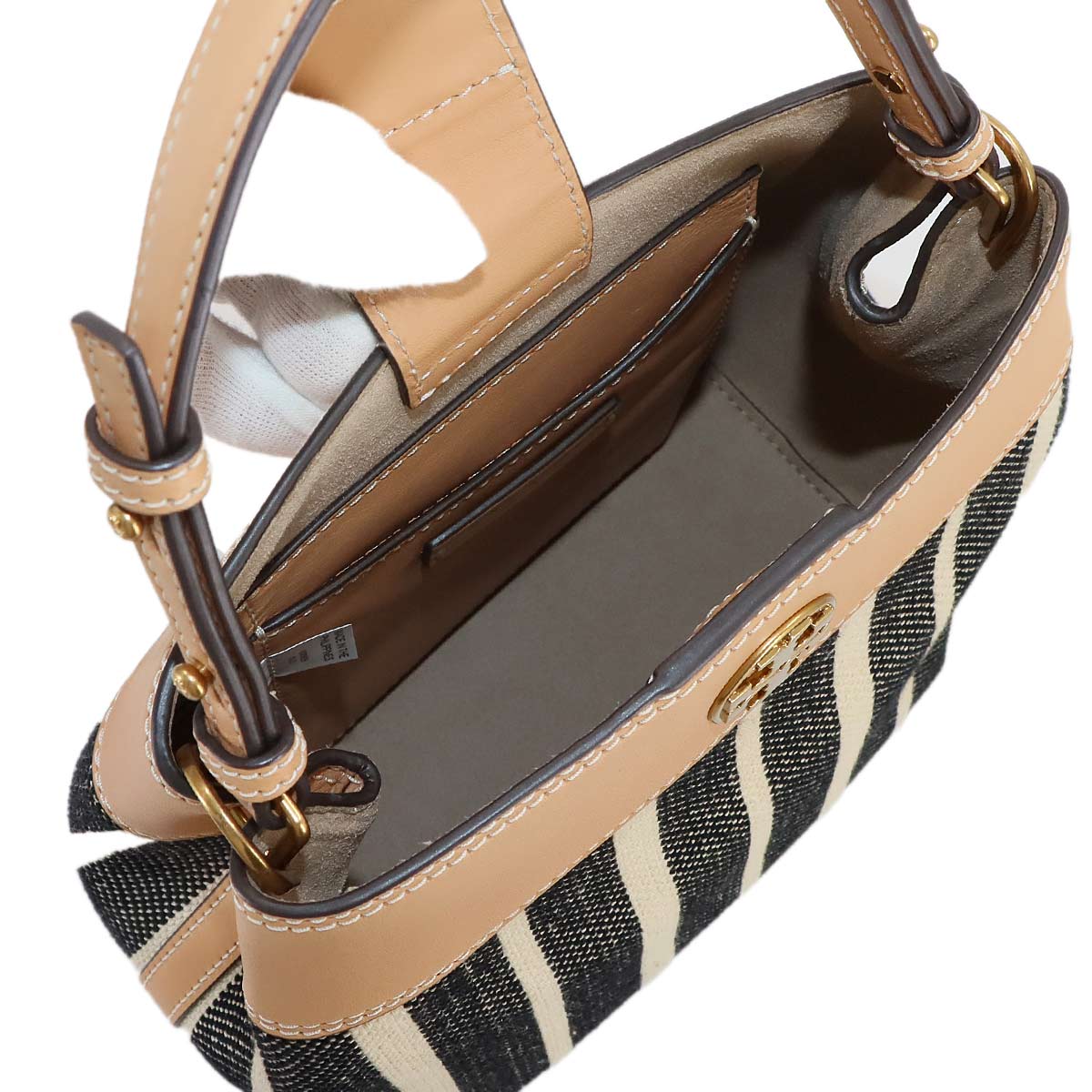 Vertical Stripes Hand Shoulder Bag Canvas Leather Beige