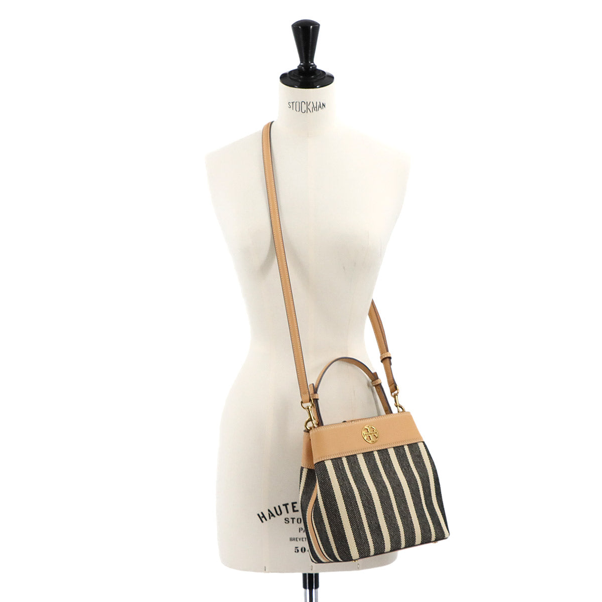 Vertical Stripes Hand Shoulder Bag Canvas Leather Beige