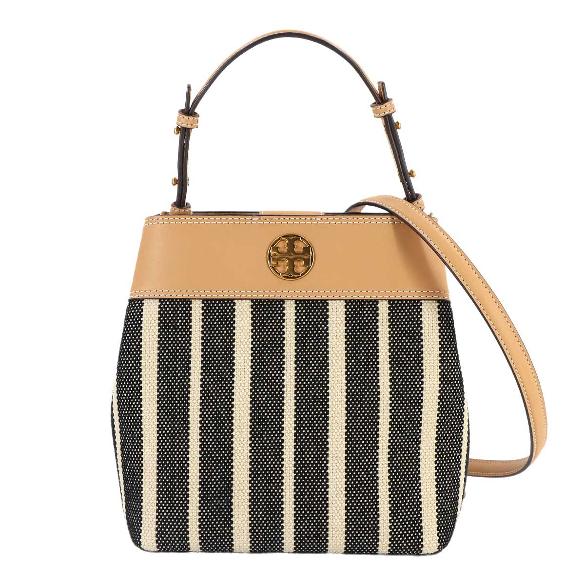 Vertical Stripes Hand Shoulder Bag Canvas Leather Beige