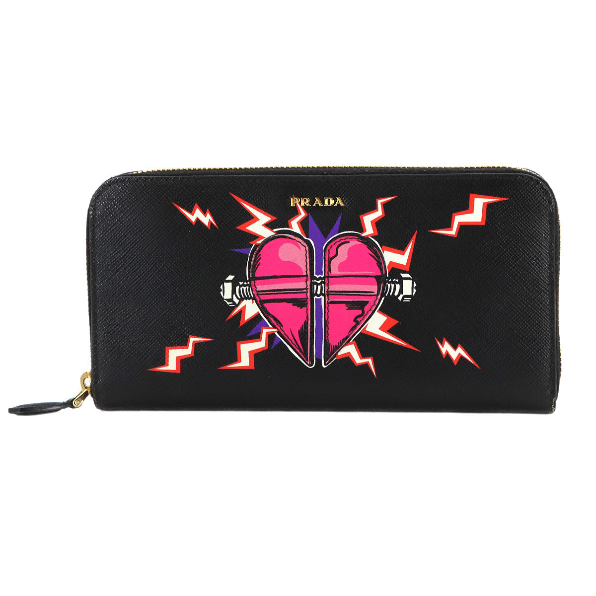 Heart Zipped Around Long Wallet Saffiano Leather Black 1ML506