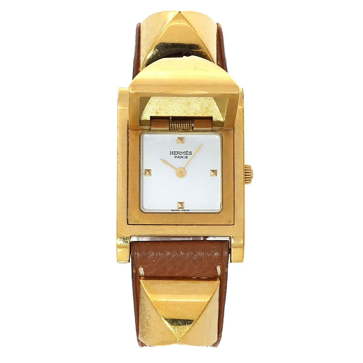Medor Vintage pyramid Gold studs Quartz White Dial Ladies