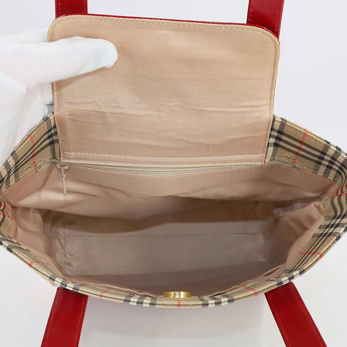 Tote Bag Canvas Leather Beige Red Purse