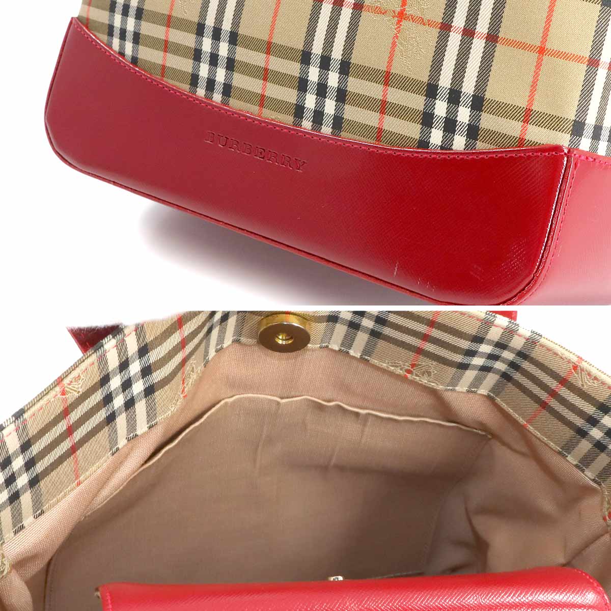 Tote Bag Canvas Leather Beige Red Purse