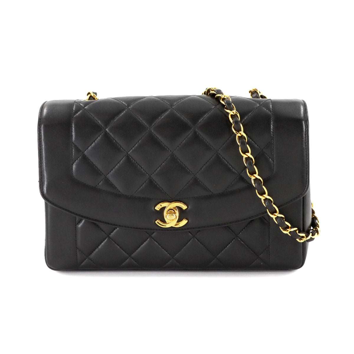 Diana Matelasse Chain Shoulder Bag Leather Black Purse