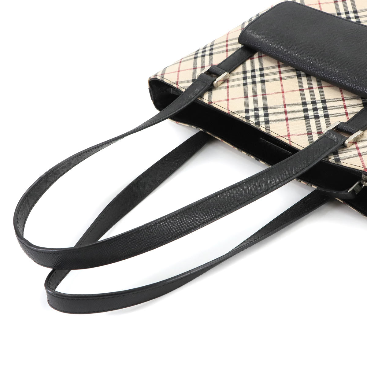 Plaid Tote Bag Canvas Leather Beige Black Purse