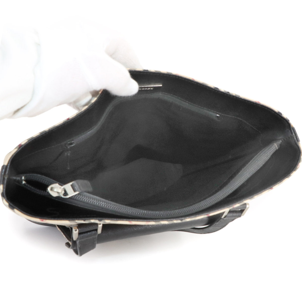 Plaid Tote Bag Canvas Leather Beige Black Purse