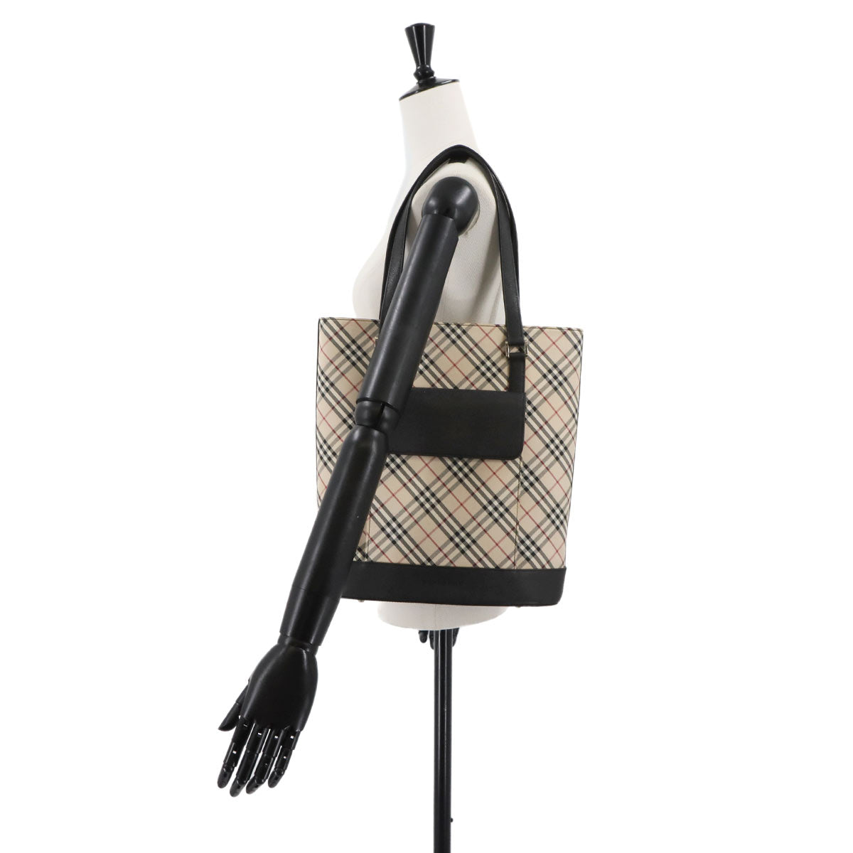 Plaid Tote Bag Canvas Leather Beige Black Purse