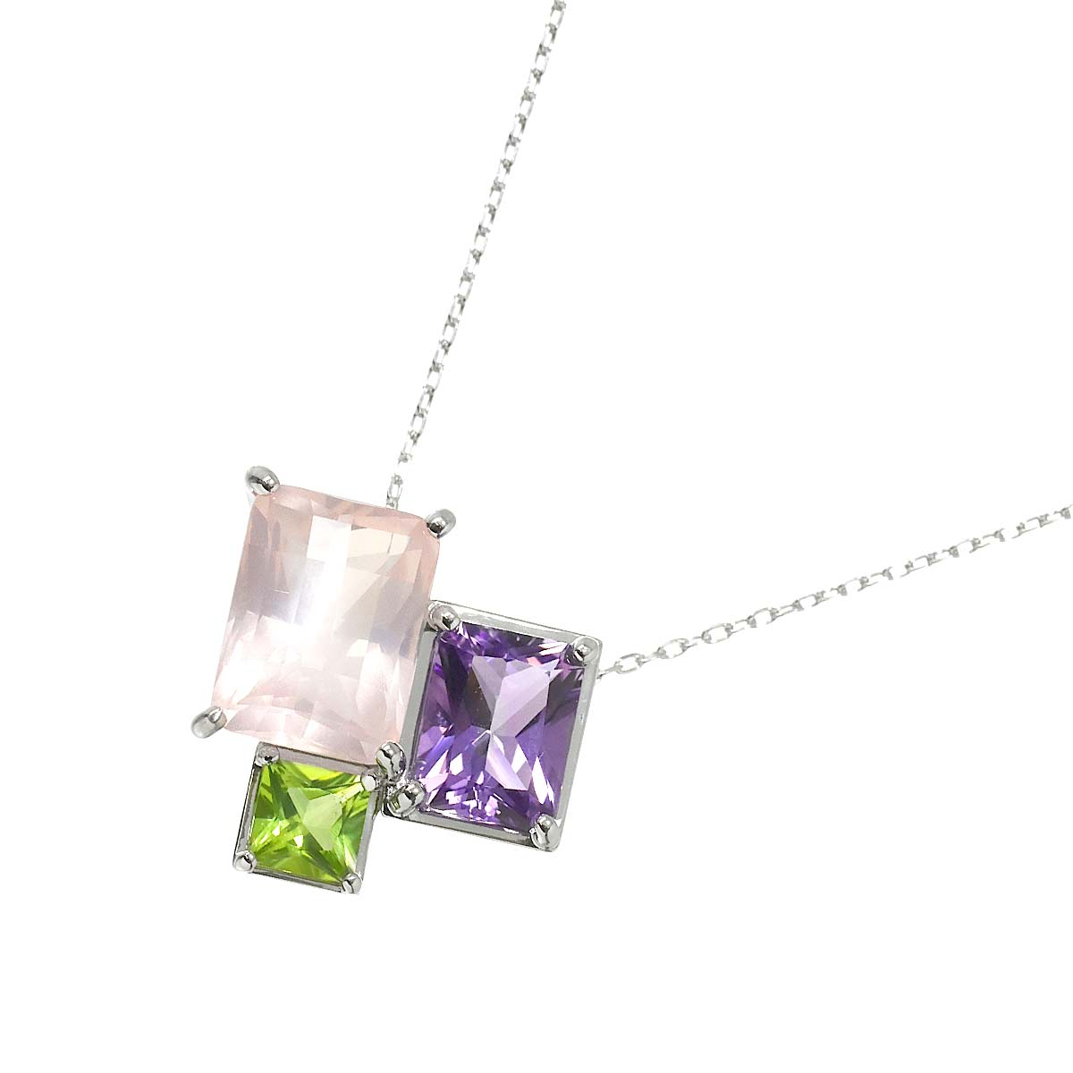 Quartz Amethyst Peridot Necklace 18K White Gold 750