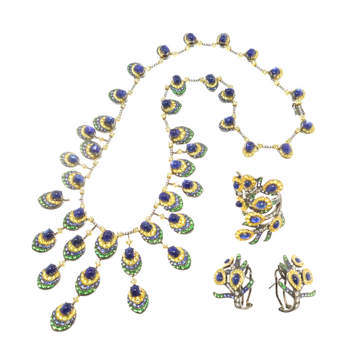 Sapphire Garnet Diamond Necklace Ring Earrings Pierced 18K YG 750