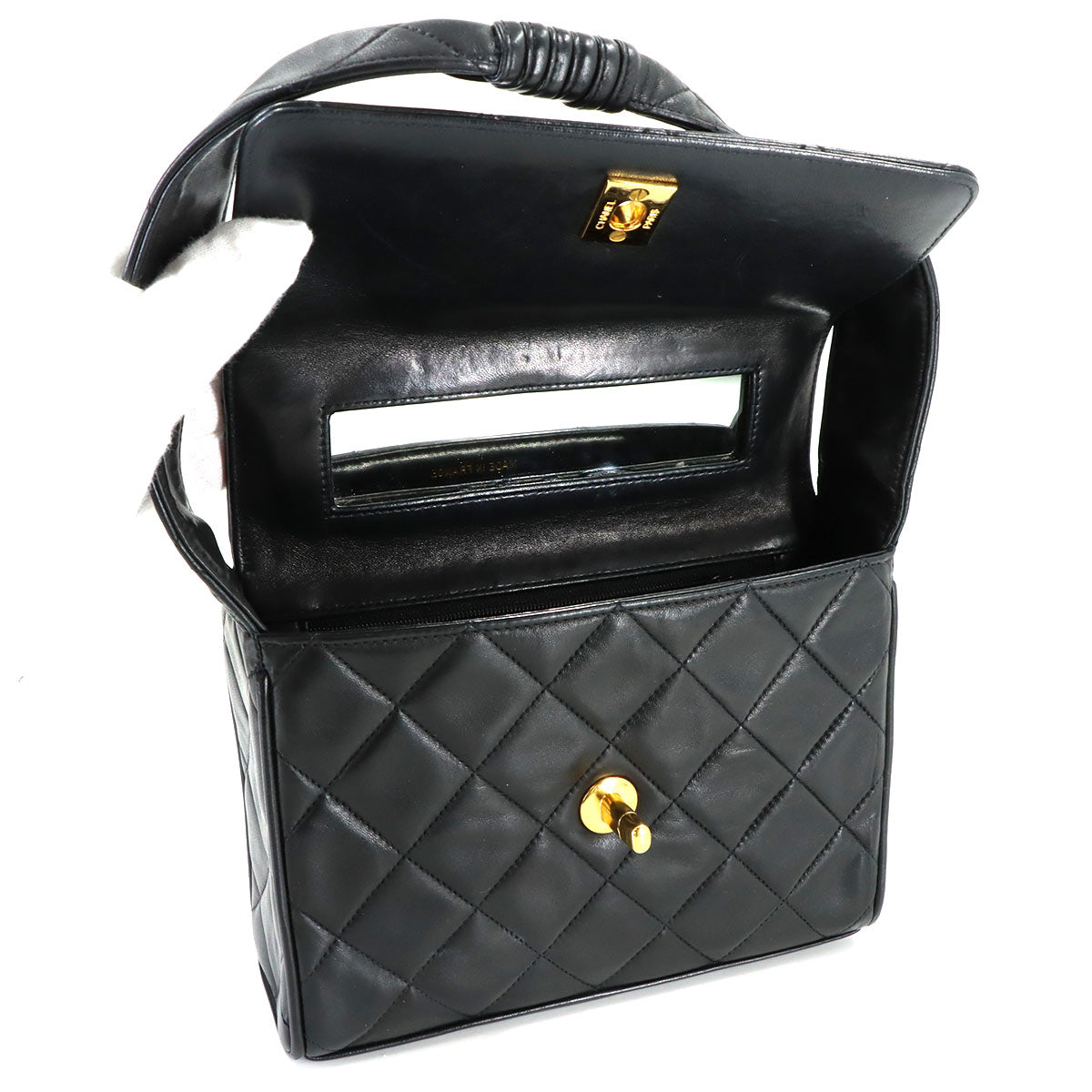 Matelasse Hand Bag Leather Black Vintage Purse