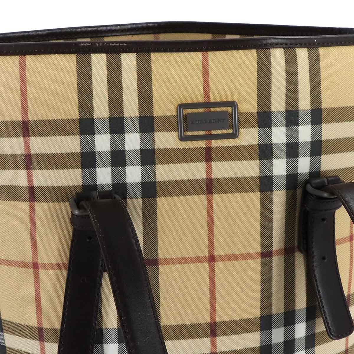 Plaid Tote Bag PVC Leather Beige Brown Purse