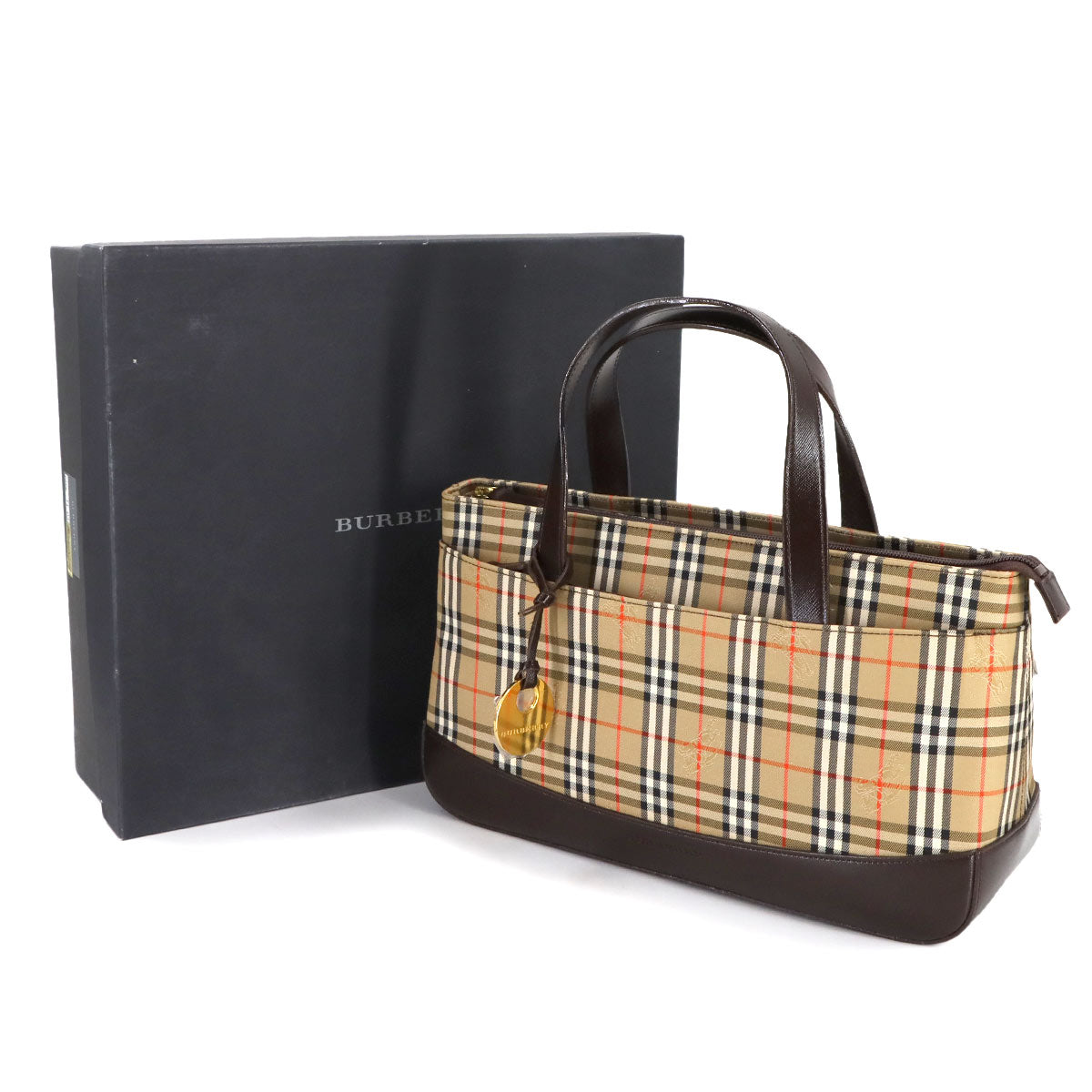 Plaid Hand Bag Canvas Leather Beige Brown Purse
