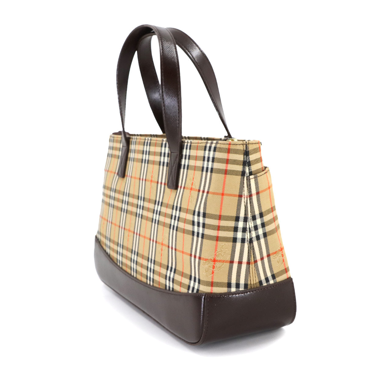 Plaid Hand Bag Canvas Leather Beige Brown Purse