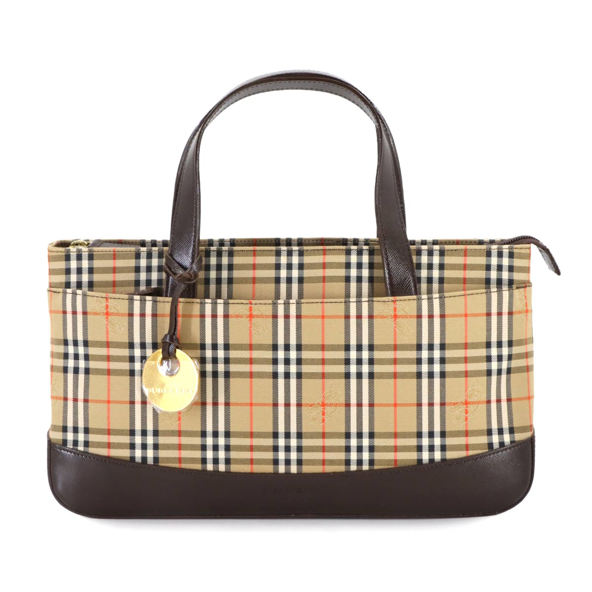 Plaid Hand Bag Canvas Leather Beige Brown Purse