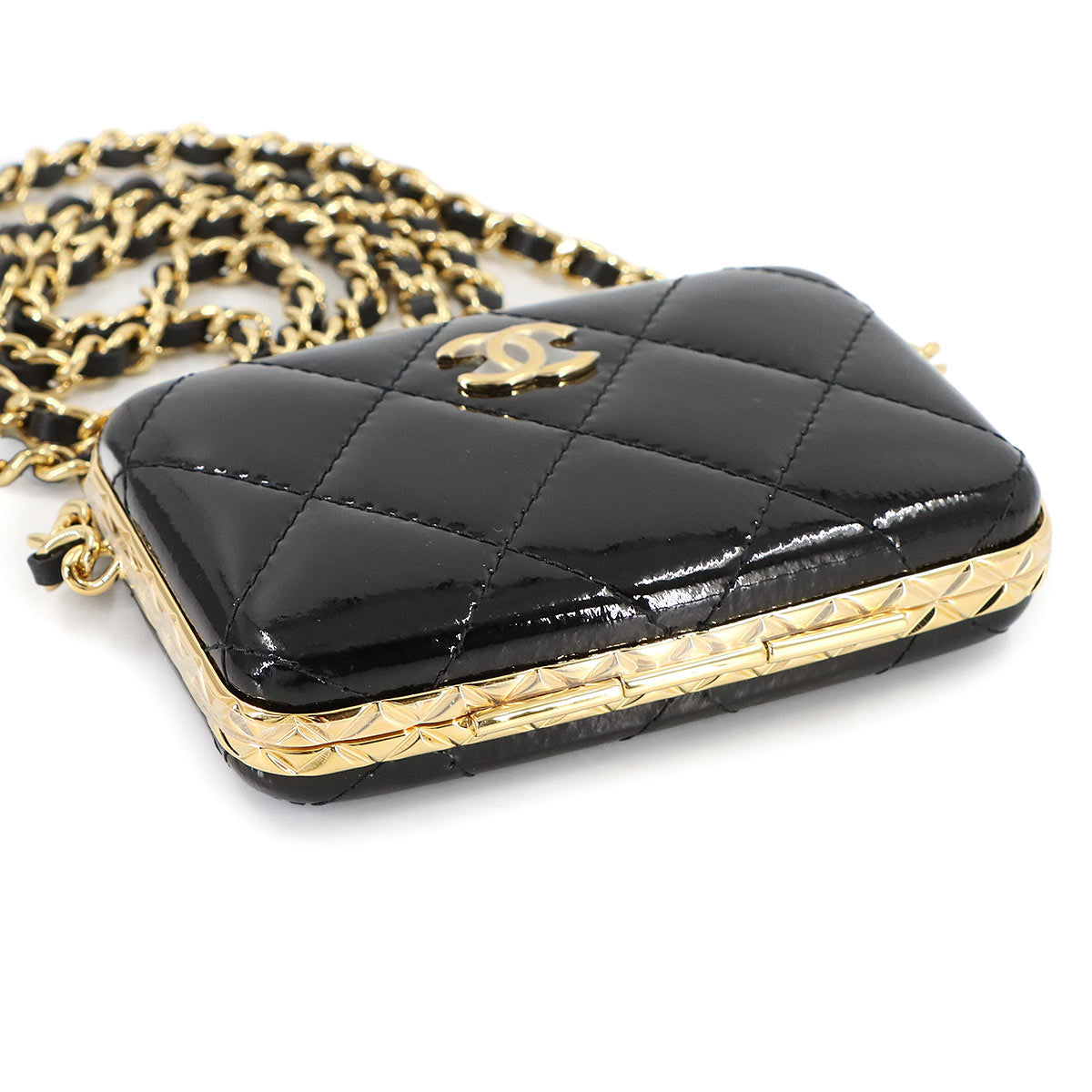 Matelasse Chain Shoulder Card Case Enamel Black AP2242