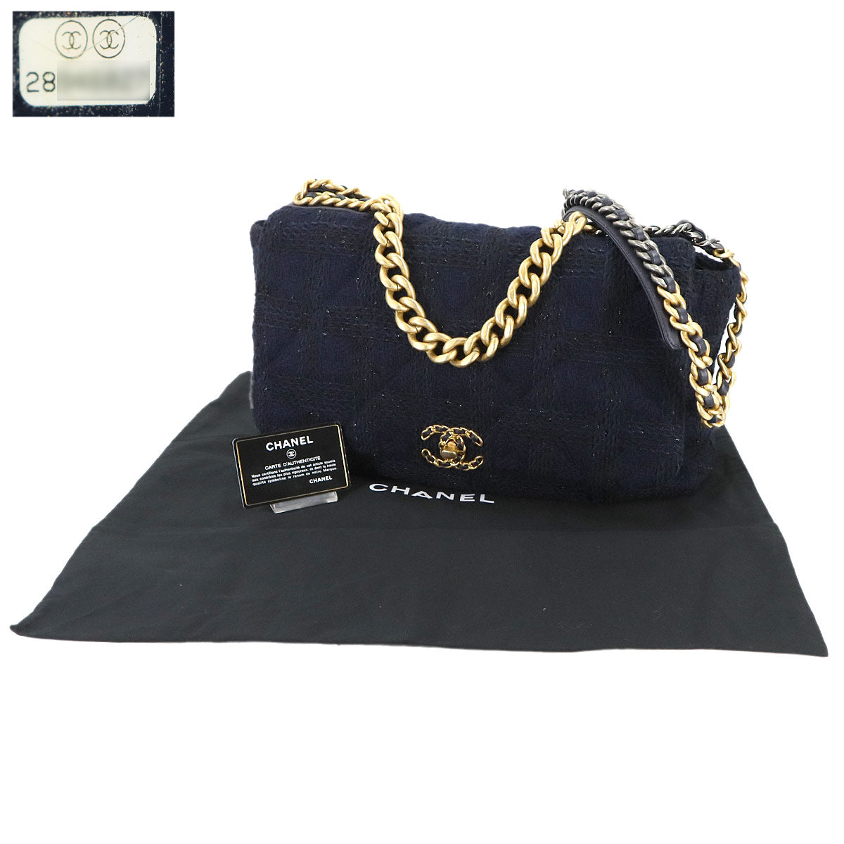 CHANEL 19 Maxi Chain Hnad Shoulder Bag Tweed Leather Navy AS1162