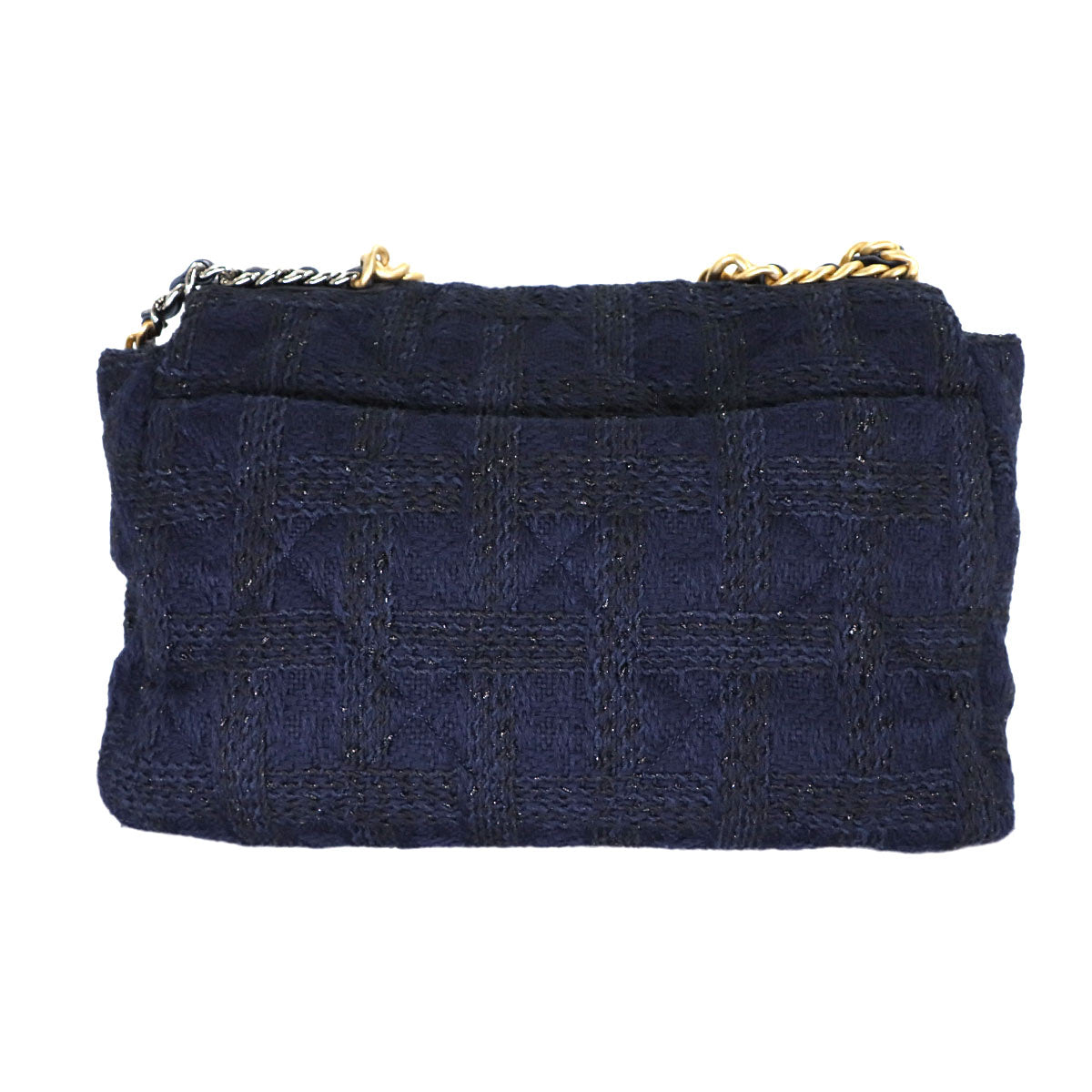 CHANEL 19 Maxi Chain Hnad Shoulder Bag Tweed Leather Navy AS1162