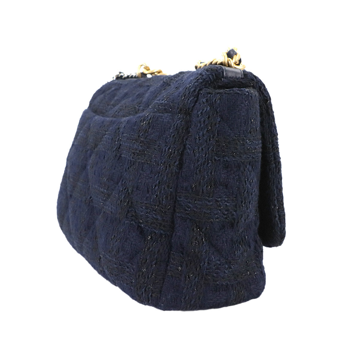 CHANEL 19 Maxi Chain Hnad Shoulder Bag Tweed Leather Navy AS1162