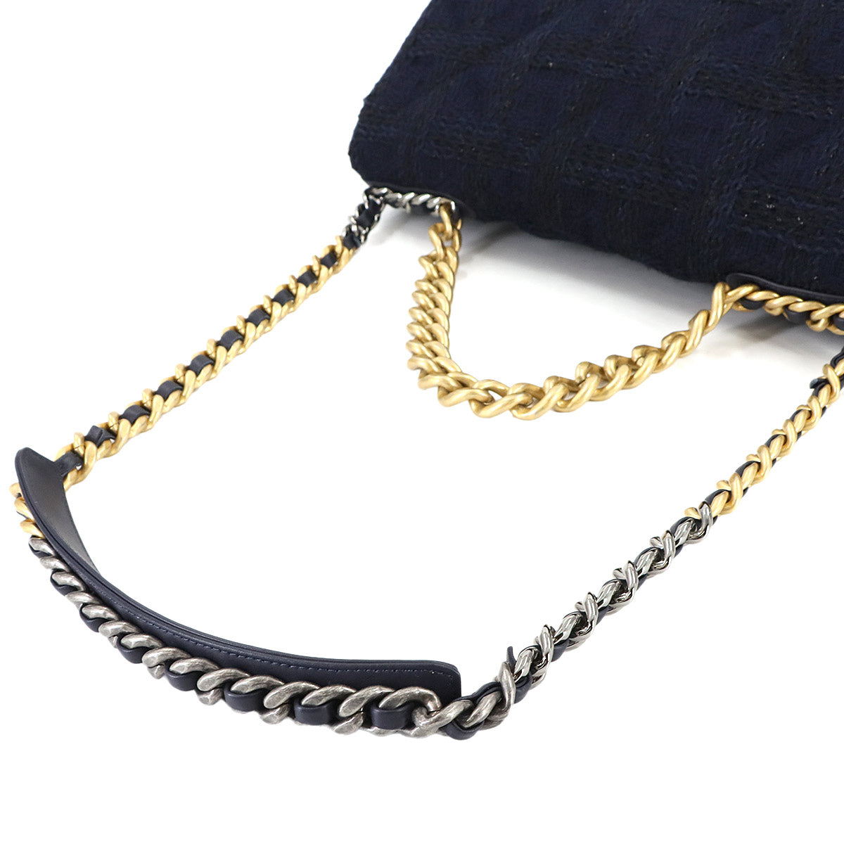 CHANEL 19 Maxi Chain Hnad Shoulder Bag Tweed Leather Navy AS1162