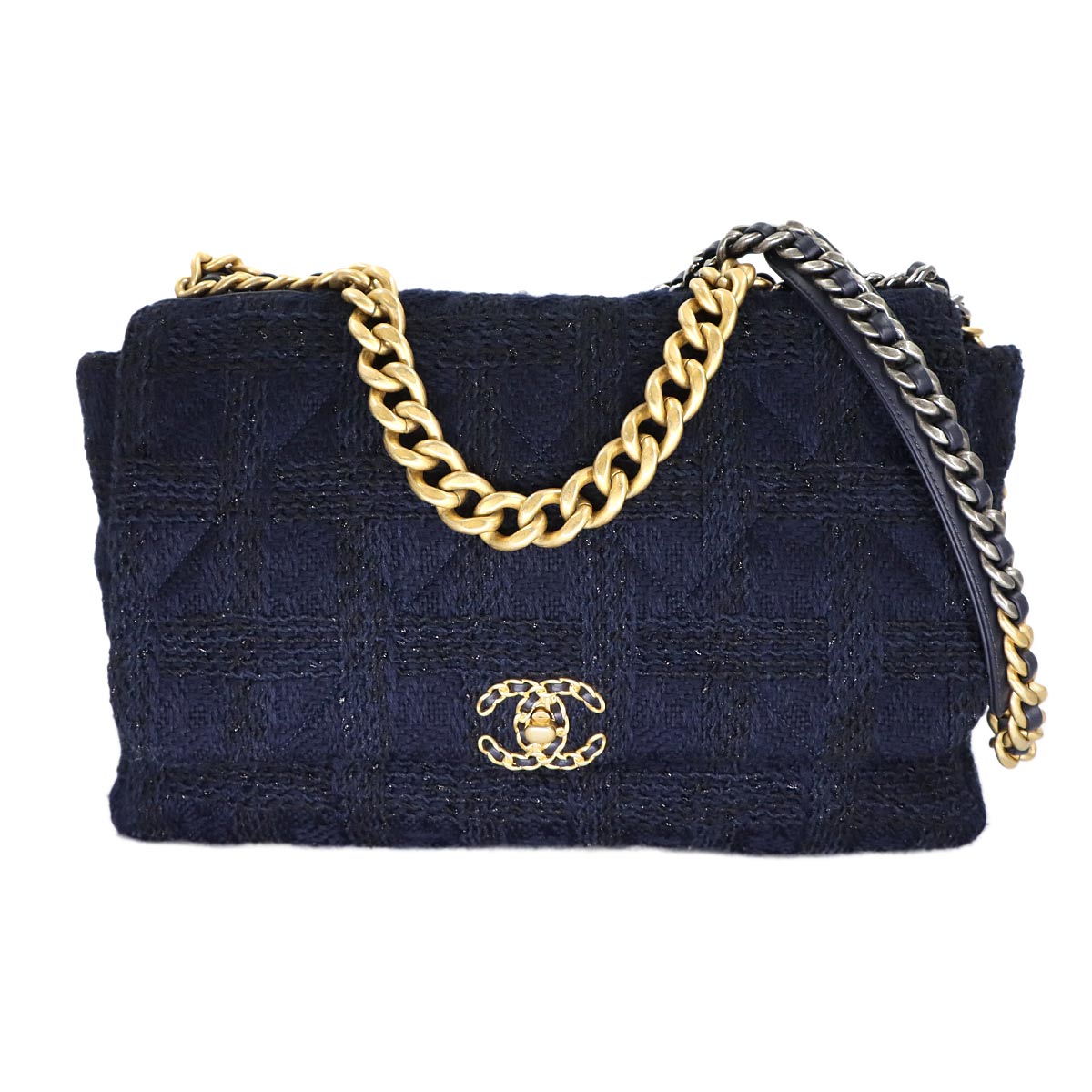 CHANEL 19 Maxi Chain Hnad Shoulder Bag Tweed Leather Navy AS1162